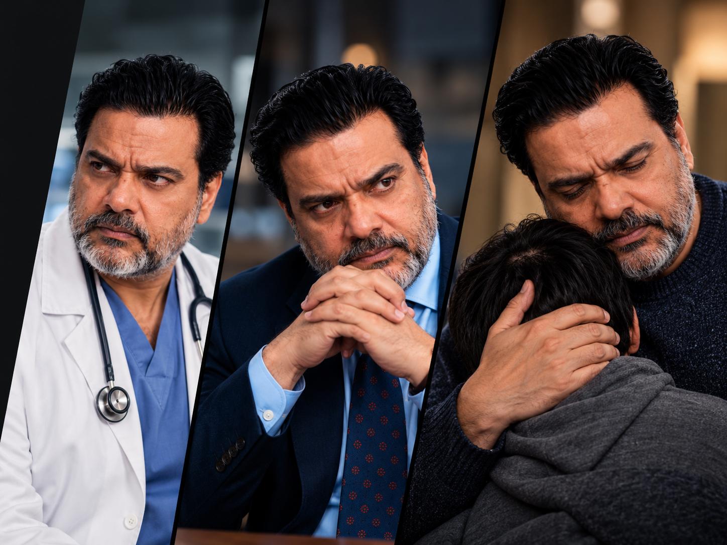 Sunil in three contrasting dramatic roles, arranged in the original angled panels