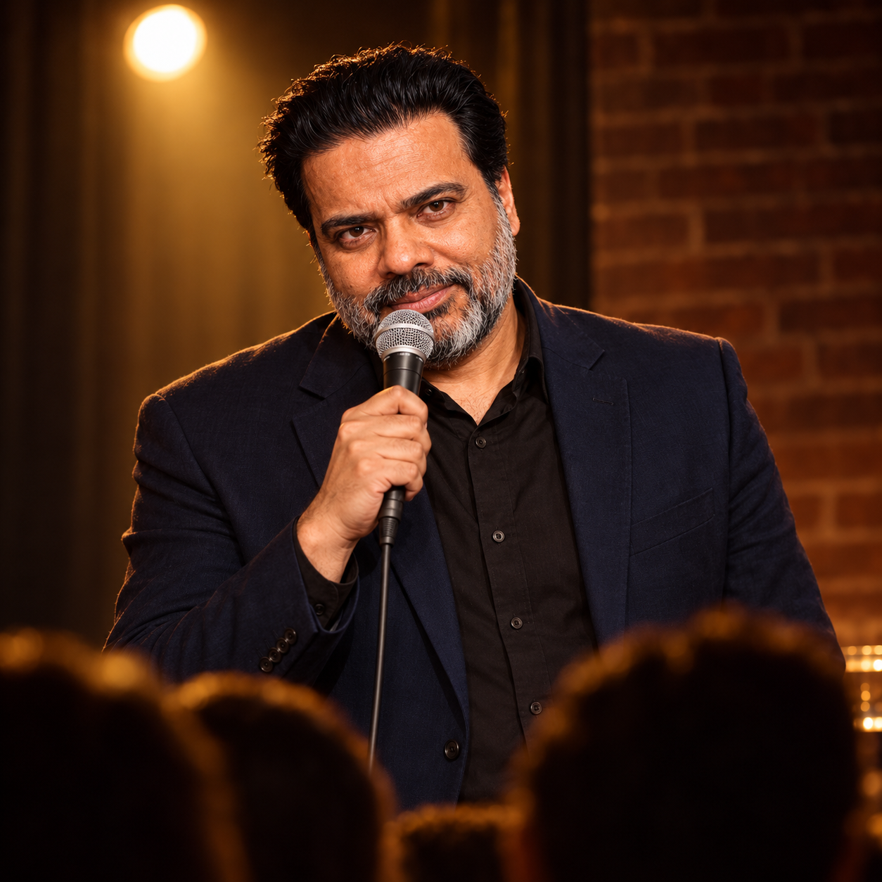 Sunil holding a microphone at a comedy club