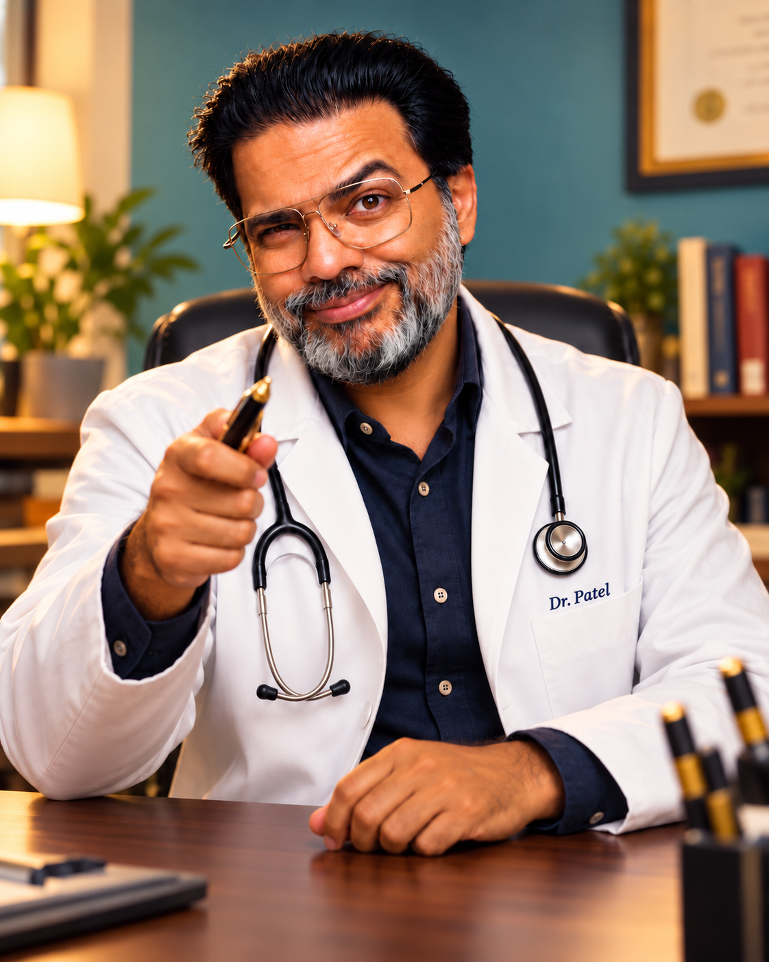 Sunil Saxena as Dr. Patel, wearing glasses and a white coat with a playful expression